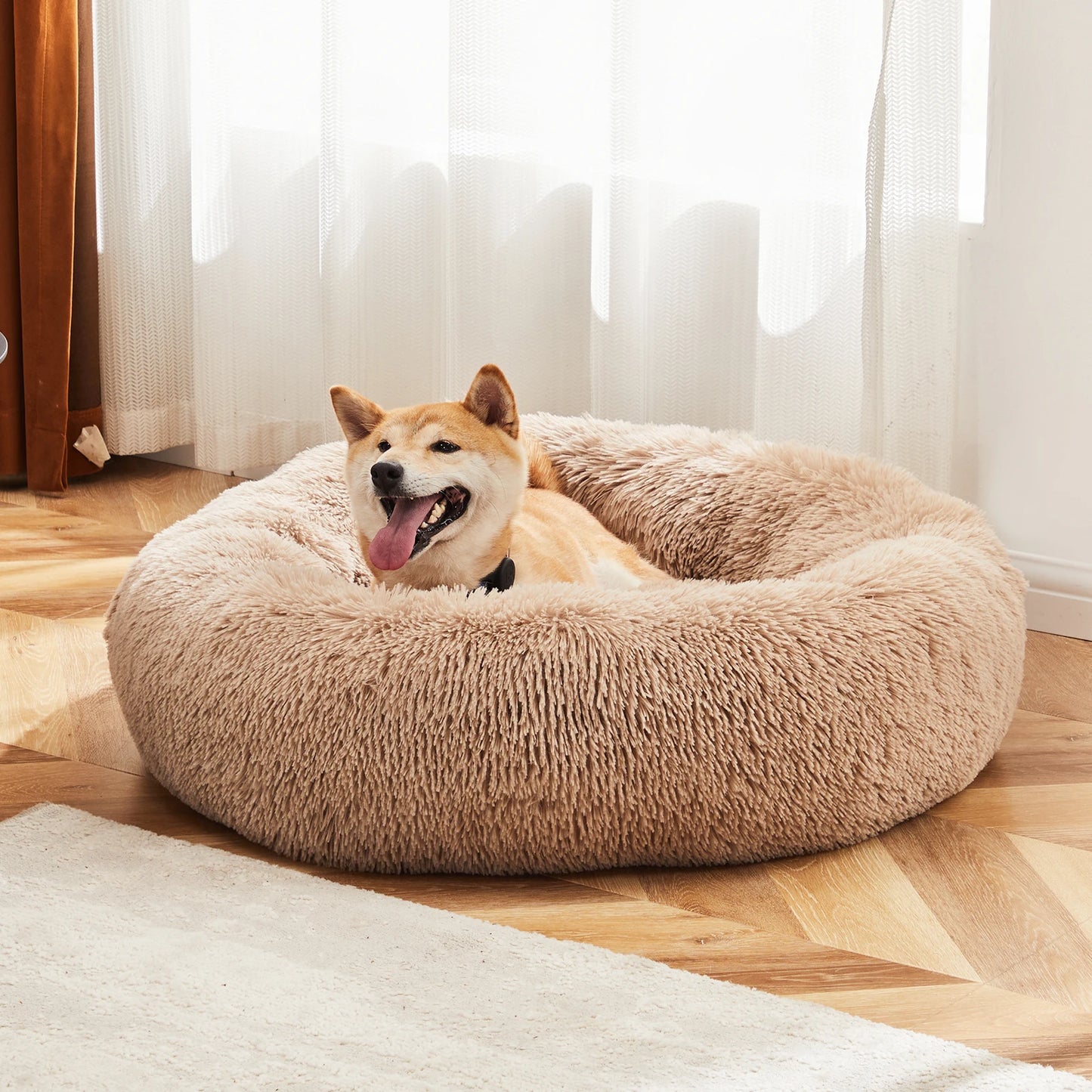 JHK Calming Dog Bed Plush Faux Fur Anti Slip Round Pet Bed