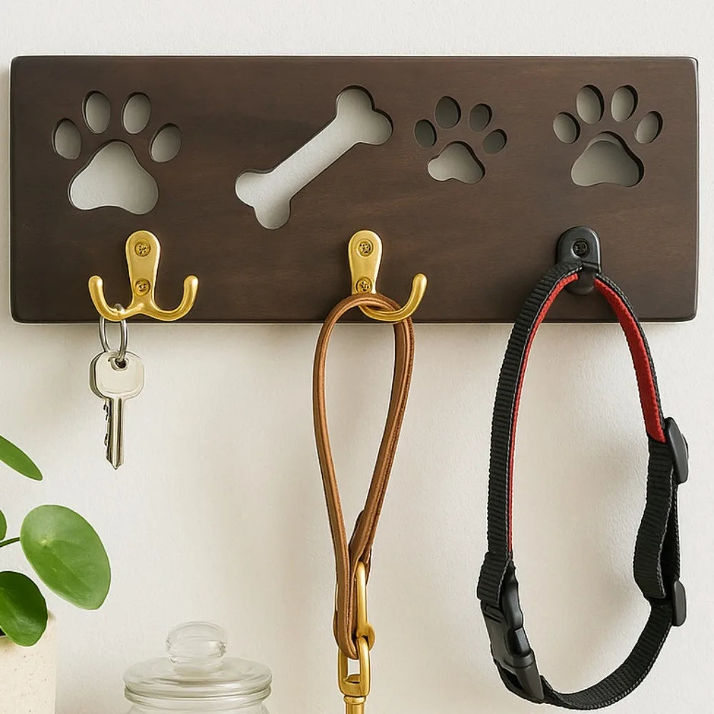 Key Rack Hanger and Dog Leash Organizer with Stylish Wood Design