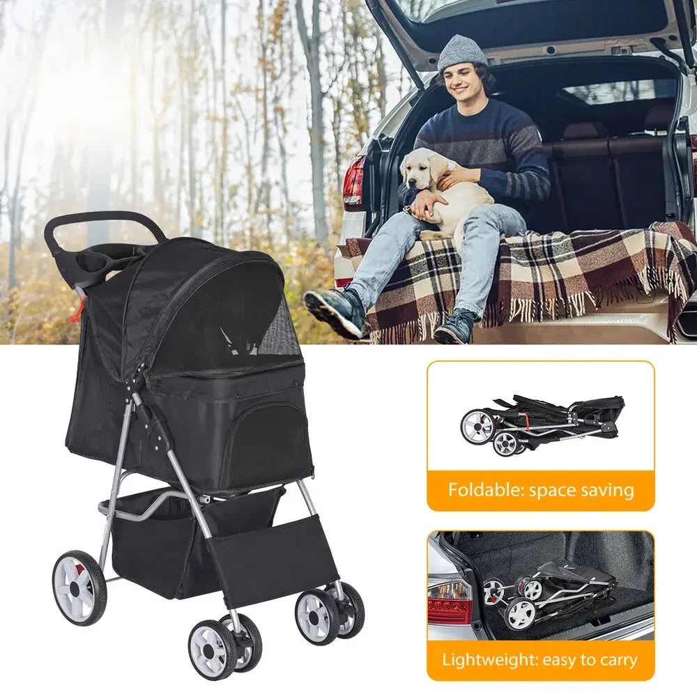 Dog Stroller Pet Travel Carriage Safe 4 Wheeler Foldable Carrier Cart
