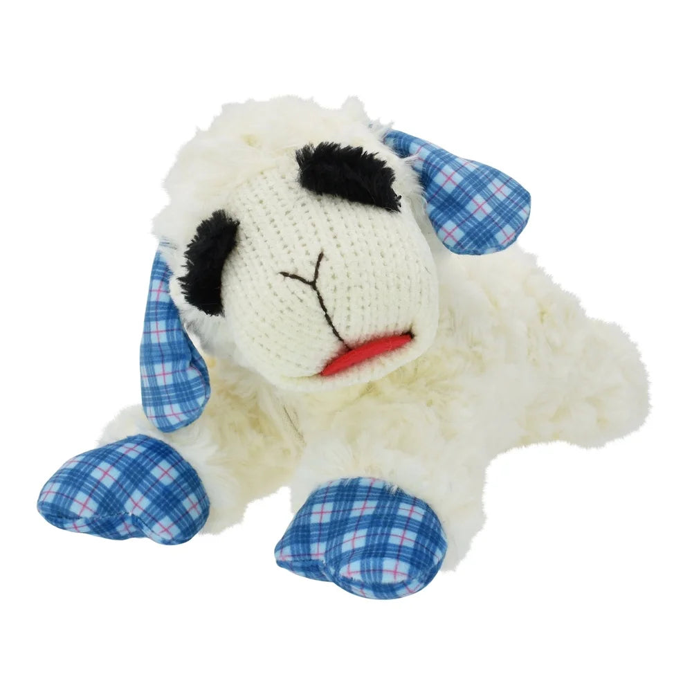 Medium Plush Lamb Chop Dog Toy with Squeaker and Blue Plaid Ears 12 Inch