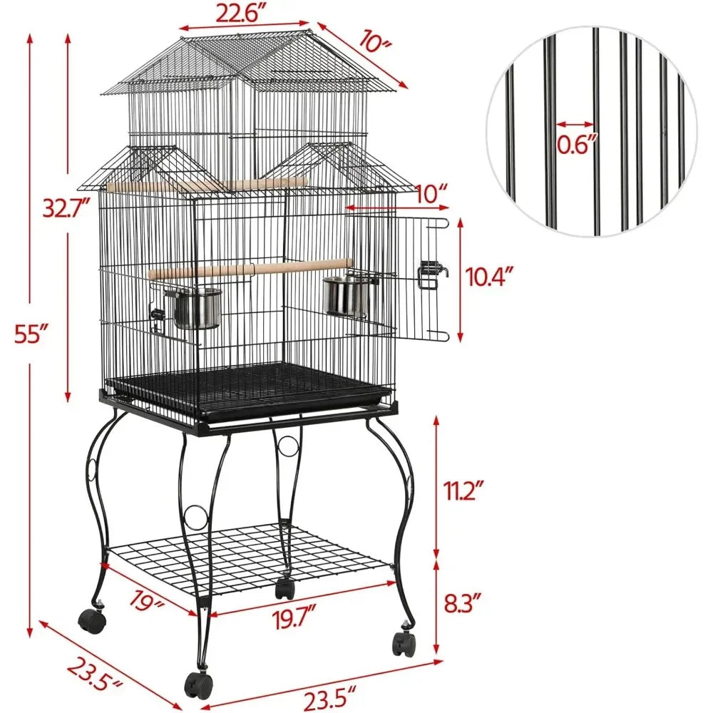 55 Inch Rolling Standing Parrot Cage with Detachable Stand for Cockatiels