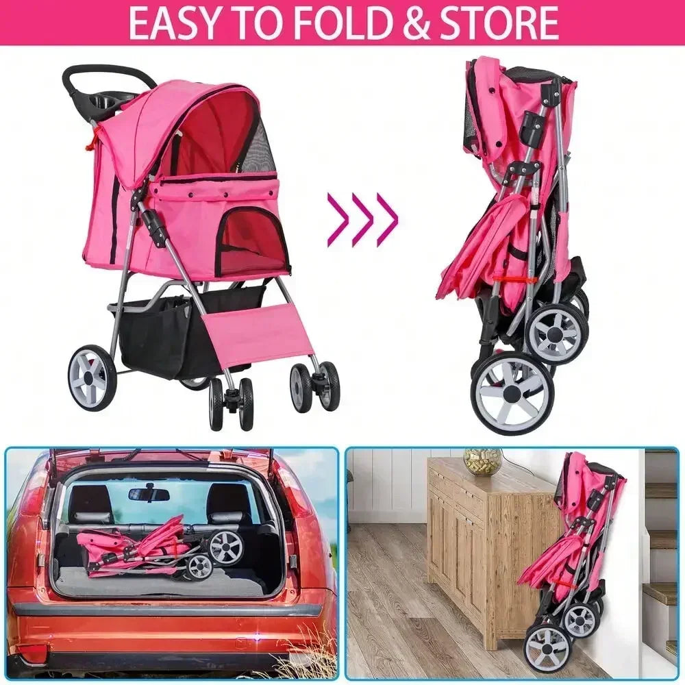 Foldable Pet Stroller 4 Wheel Carrier For Cats And Dogs With Cup Holder