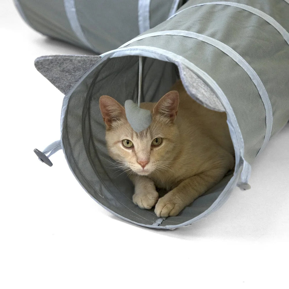 Gray 3-Way Cat Tunnel Playset with Catnip Toys and Expandable Bed