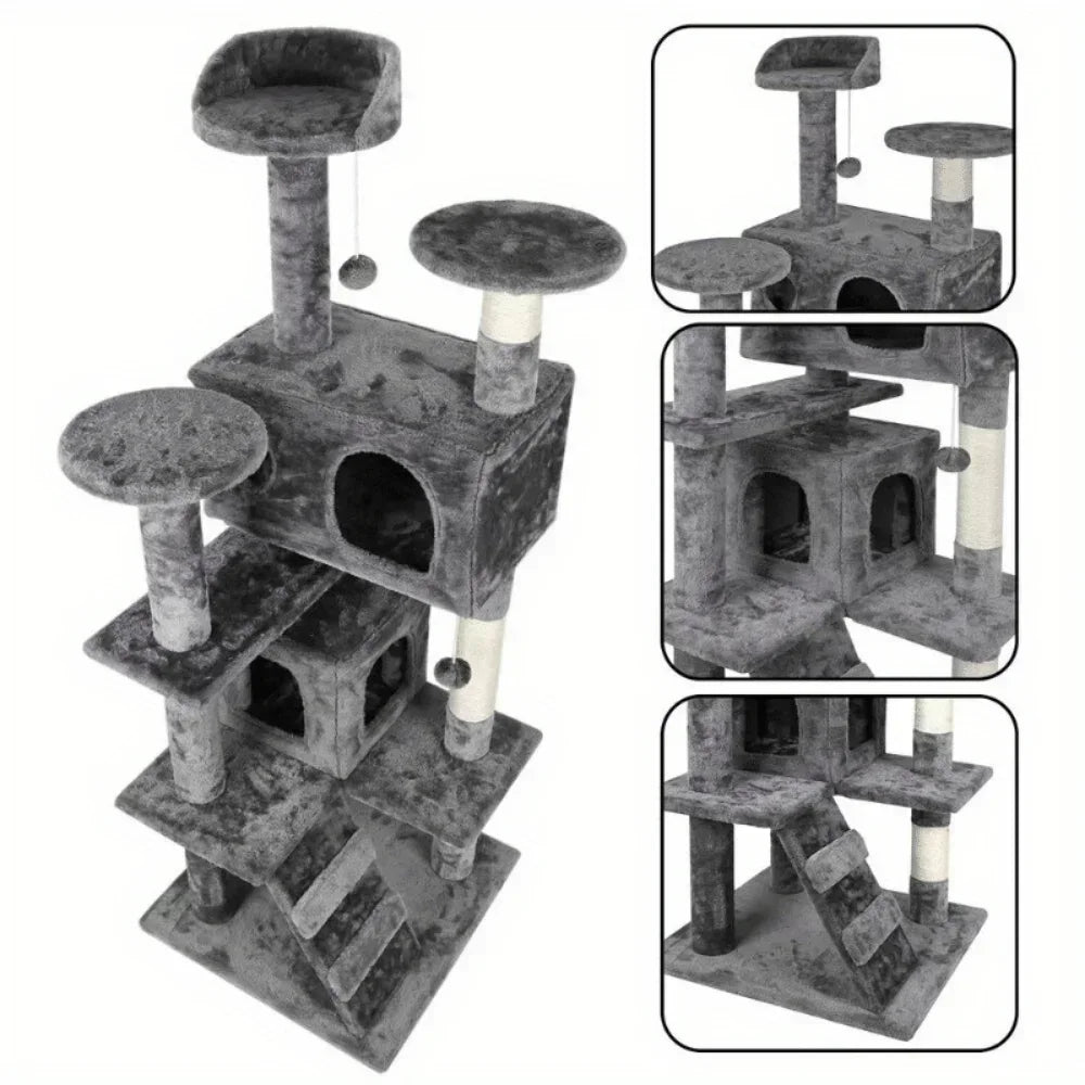 55 Inch Cat Tree Tower Activity Center Three-Tier House in Grey Beige Blue Brown Pink