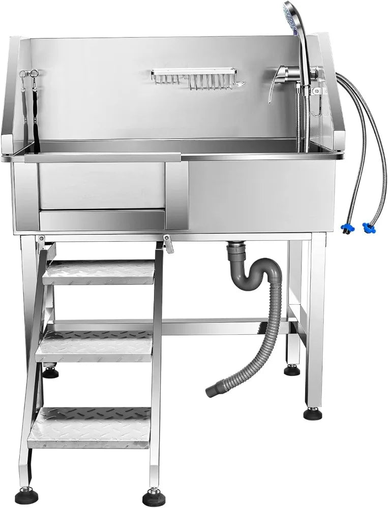 34 Inch Dog Bathing Station for Small Dogs with Sliding Door and Detachable Stairs