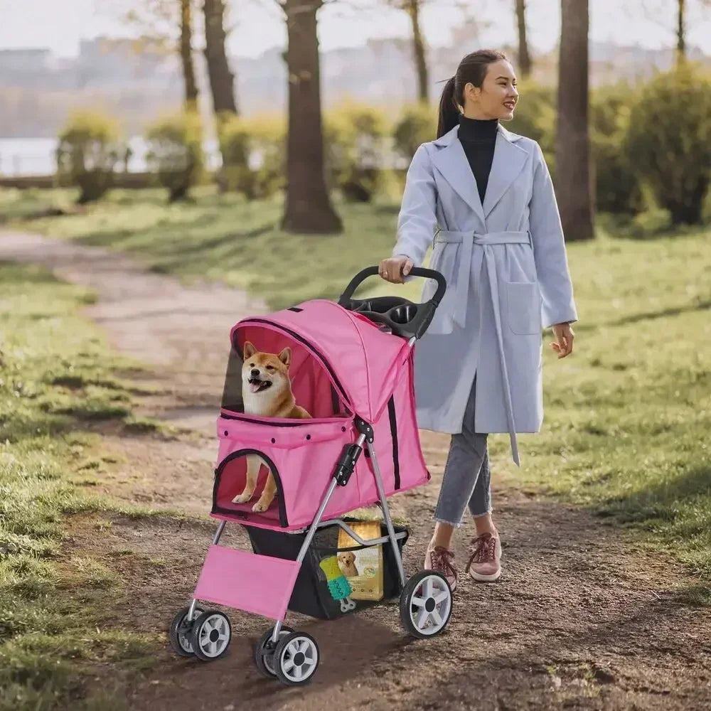 Foldable Pet Stroller 4 Wheel Carrier For Cats And Dogs With Cup Holder