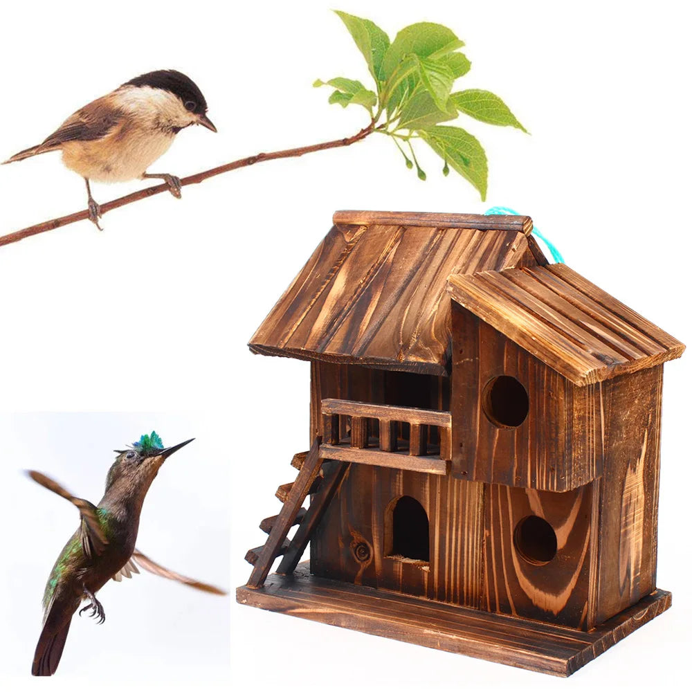 Wooden Hanging Cage House Toy for Pet Birds and Squirrels Outdoor Use