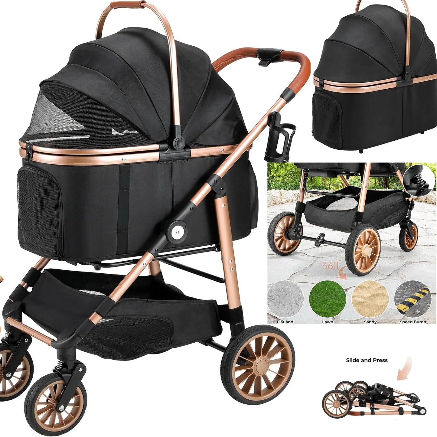 360 Degree High Wheels Foldable Cat and Dog Stroller with Car Attachment