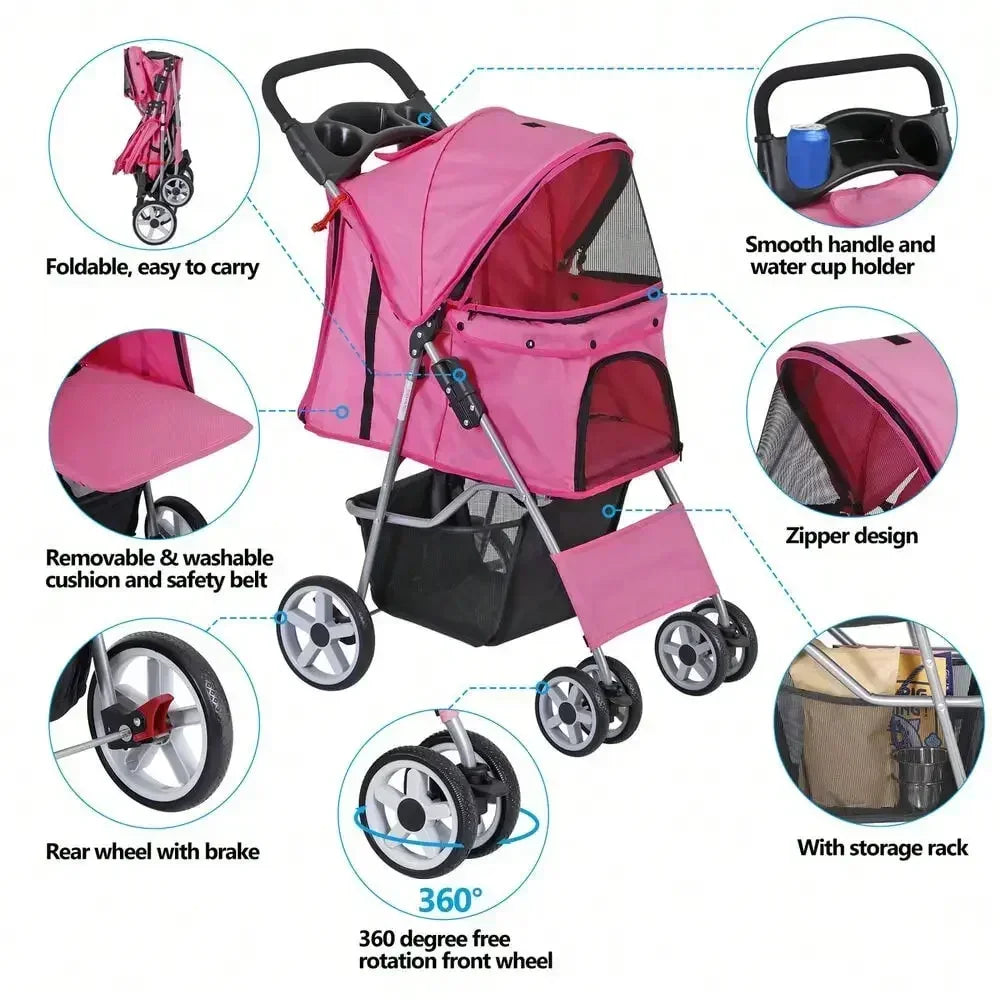 Foldable Pet Stroller 4 Wheel Carrier For Cats And Dogs With Cup Holder