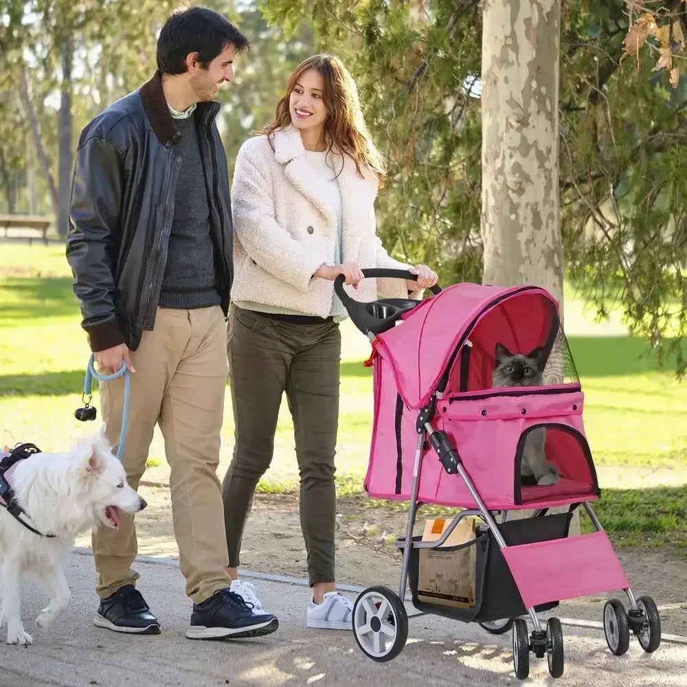 Foldable Pet Stroller 4 Wheel Carrier For Cats And Dogs With Cup Holder