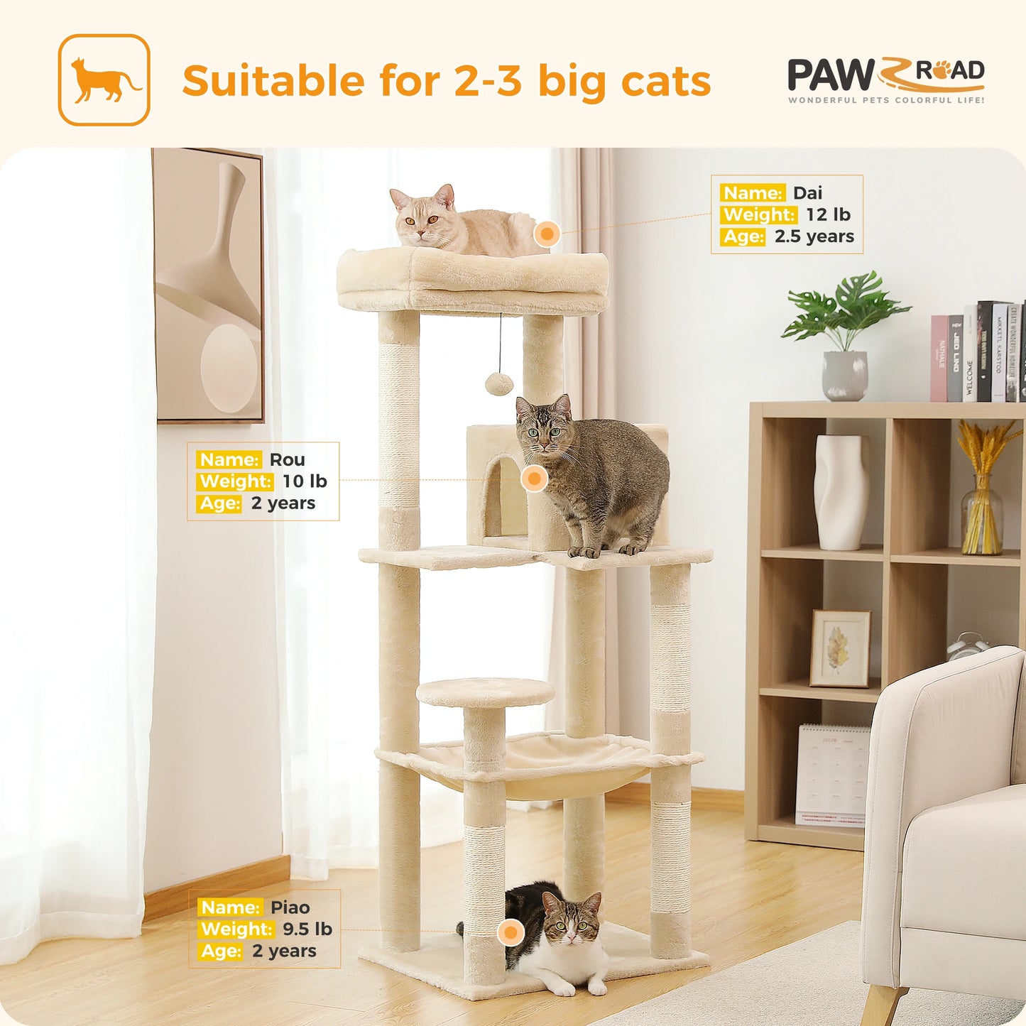 5-Level Cat Tree Tower for Large Indoor Cats with Hammock and Scratching Posts