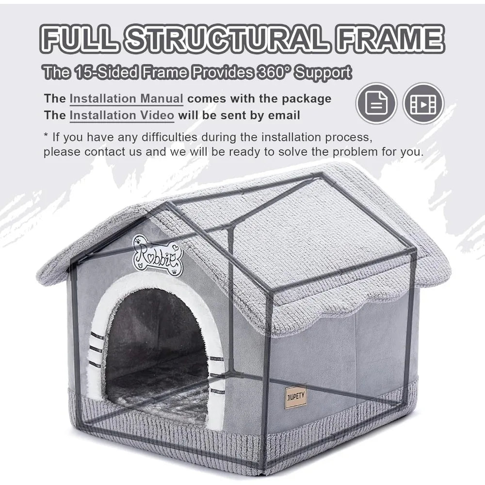 Large Insulated Indoor Dog House with Frame for Dogs 25-60 lb Cozy Gray Bed