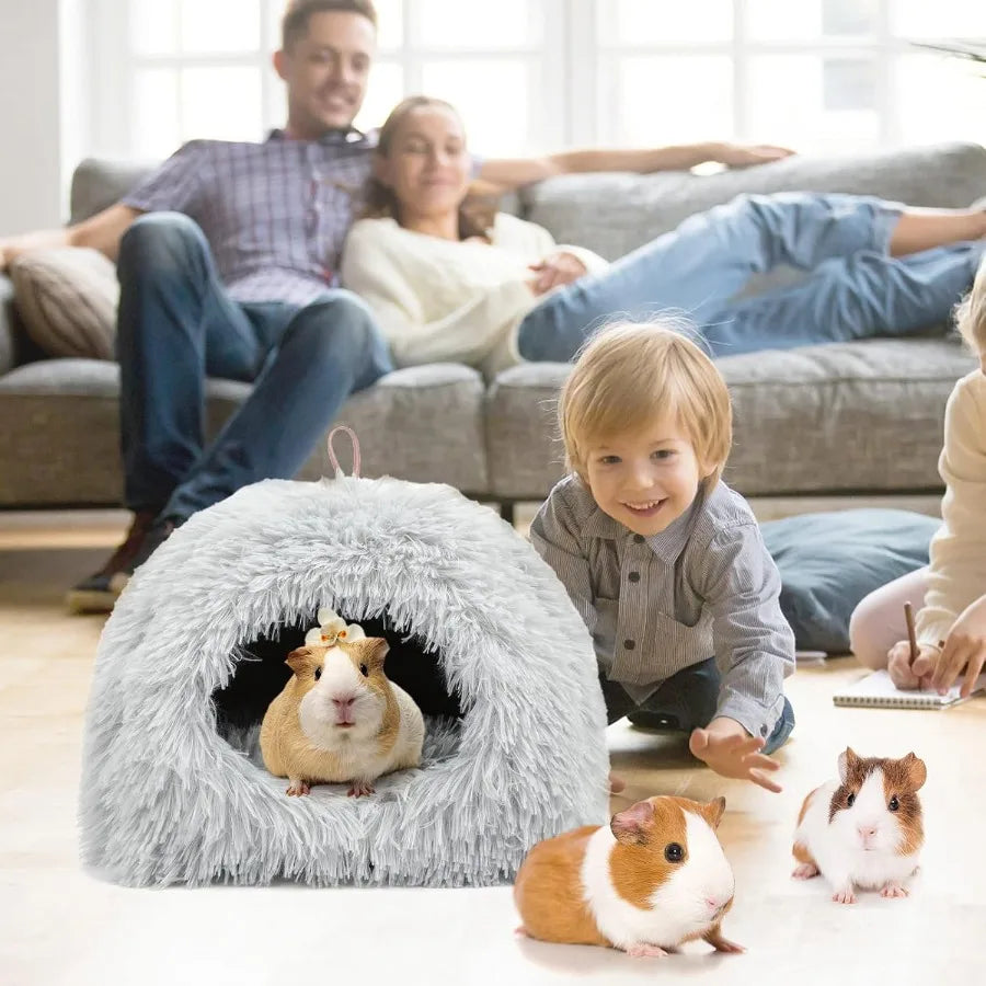 Plush Calming Hideout Bed for Small Animals Like Guinea Pigs and Rabbits Grey