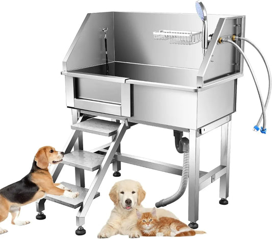 34 Inch Dog Bathing Station for Small Dogs with Sliding Door and Detachable Stairs