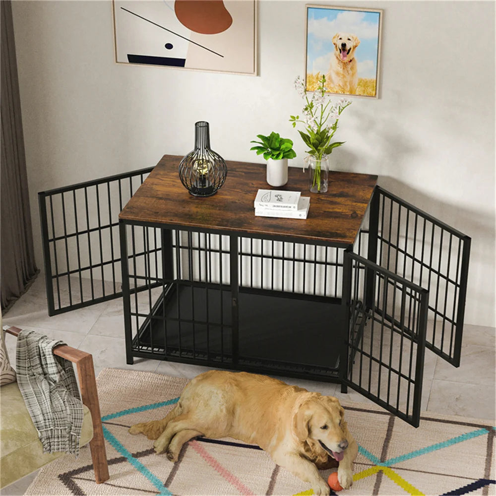 Large Wooden Dog Crate Indoor Furniture Style Elevated Dog Kennel with Tray
