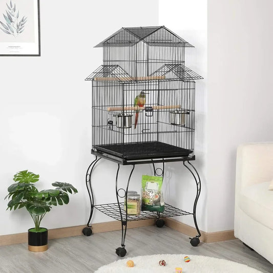 55 Inch Rolling Standing Parrot Cage with Detachable Stand for Cockatiels