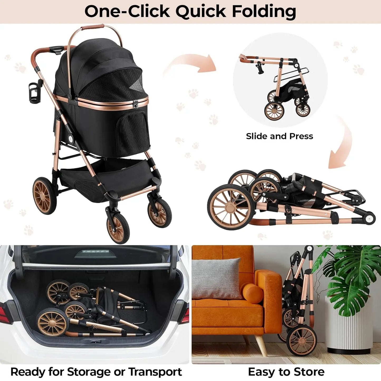 360 Degree High Wheels Foldable Cat and Dog Stroller with Car Attachment
