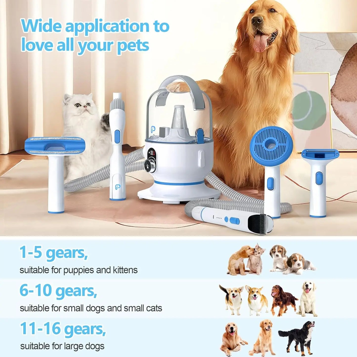 Pet Grooming Vacuum Kit 5-in-1 High Power Hair Remover for Dogs and Cats