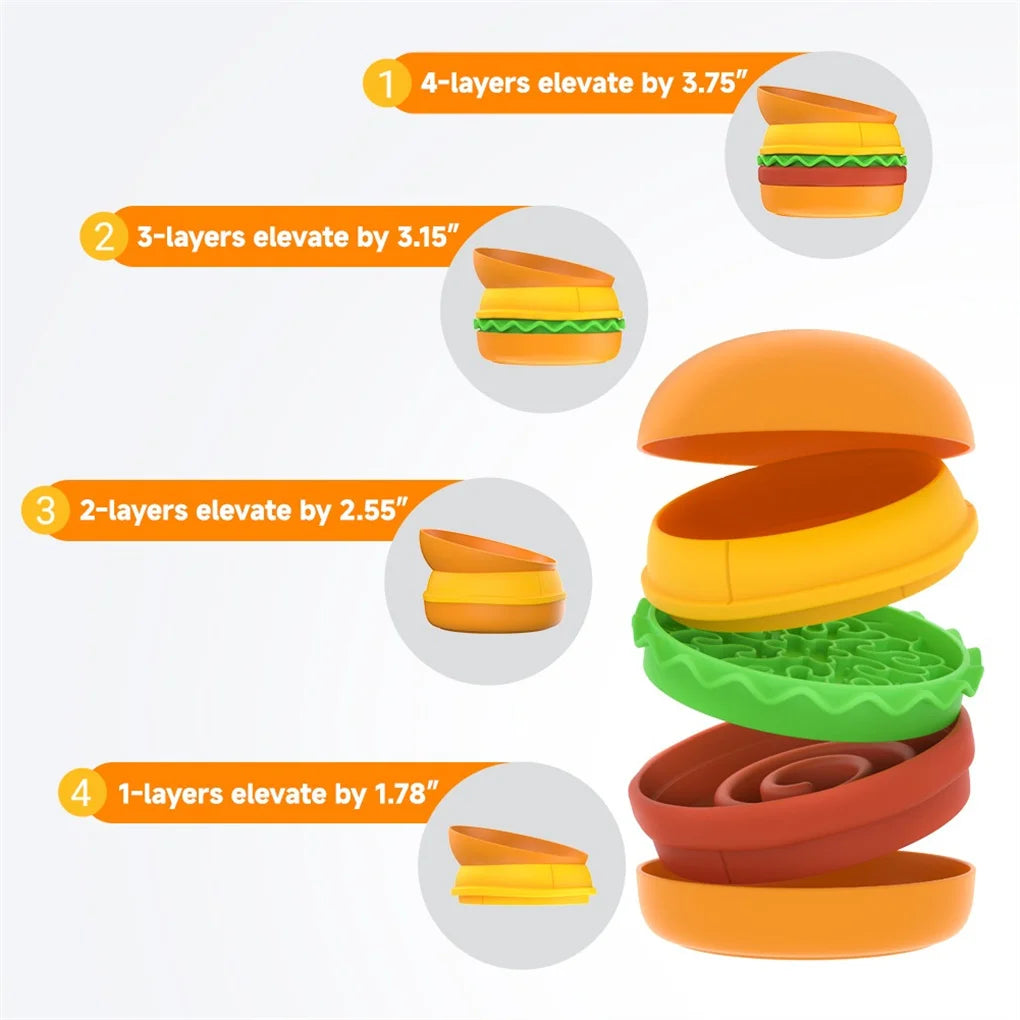 5-in-1 Burger Pet Bowls Set for Dogs and Cats with Elevated and Slow Feeder Design