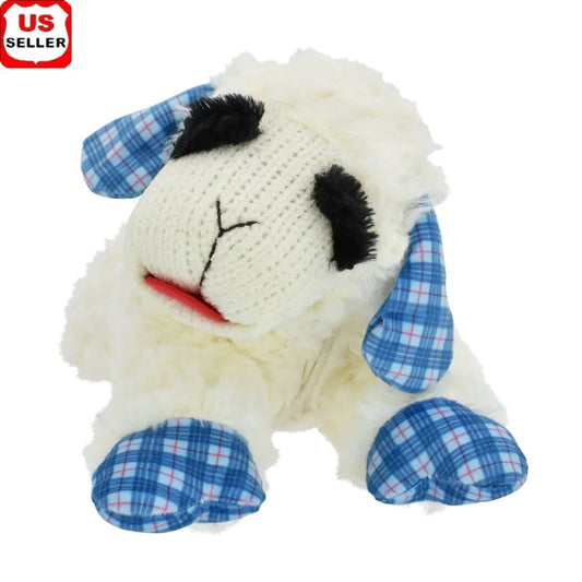 Medium Plush Lamb Chop Dog Toy with Squeaker and Blue Plaid Ears 12 Inch