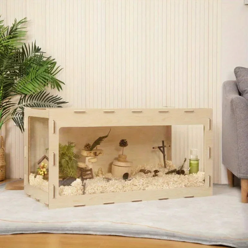 Large Wooden Hamster Cage with Acrylic Board and Flip Top for Comfortable Habitat