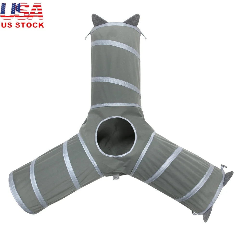 Gray 3-Way Cat Tunnel Playset with Catnip Toys and Expandable Bed
