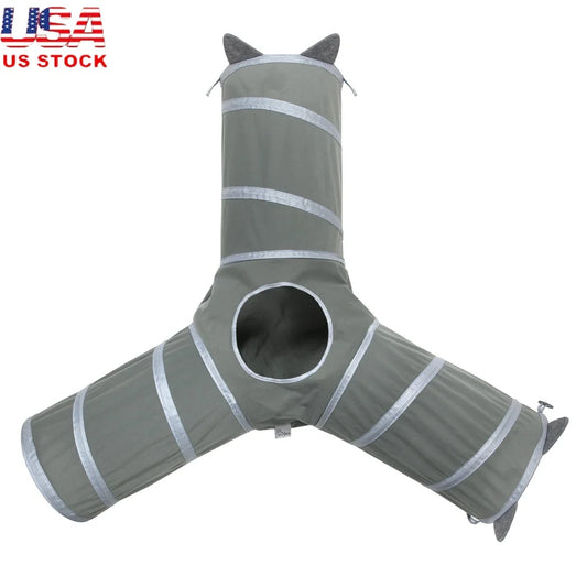 Gray 3-Way Cat Tunnel Playset with Catnip Toys and Expandable Bed