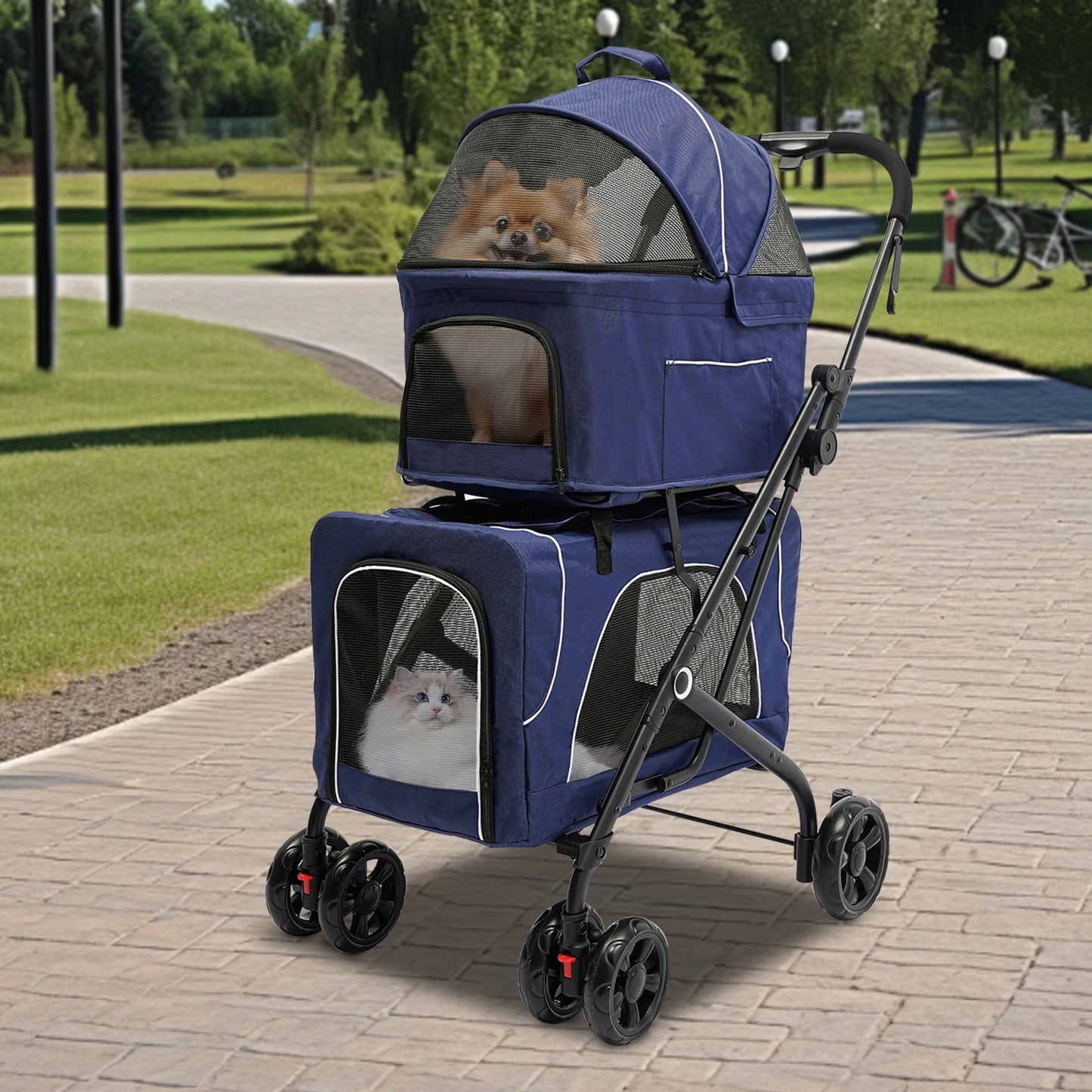 Foldable Pet Stroller Dog Travel Stroller Double Dog Cat Carrying Cart with Storage Basket for Travel Camping