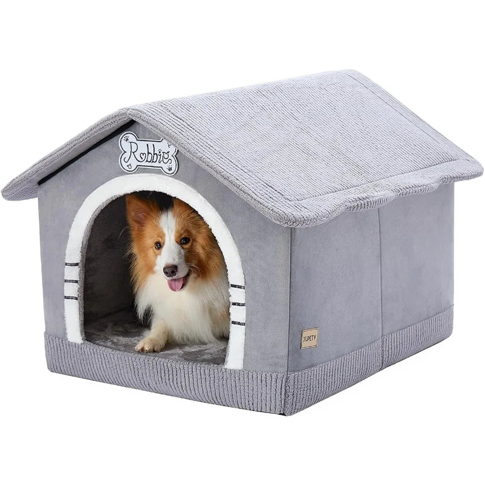 Large Insulated Indoor Dog House with Frame for Dogs 25-60 lb Cozy Gray Bed