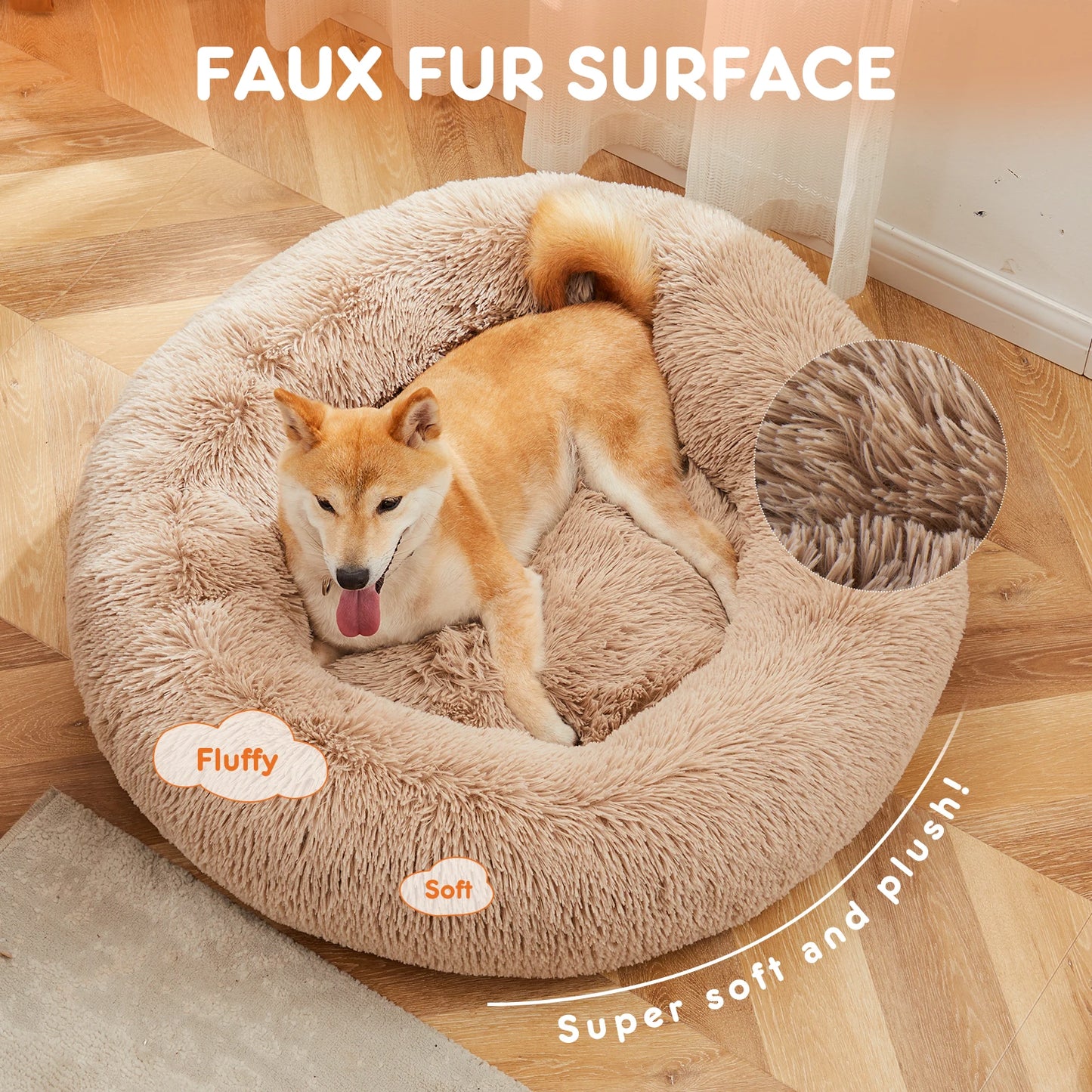 JHK Calming Dog Bed Plush Faux Fur Anti Slip Round Pet Bed