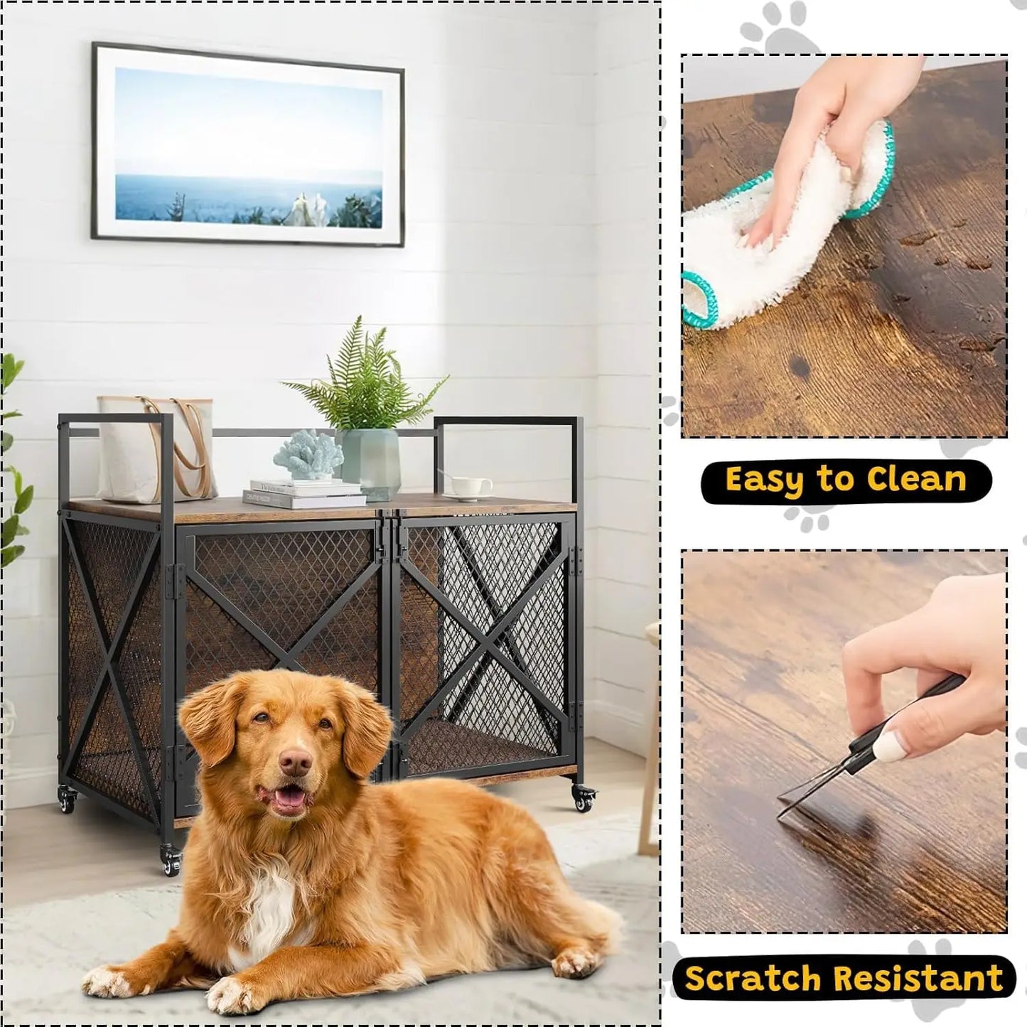 Large Wooden Dog Crate Furniture With Lockable Wheels Indoor Dog House