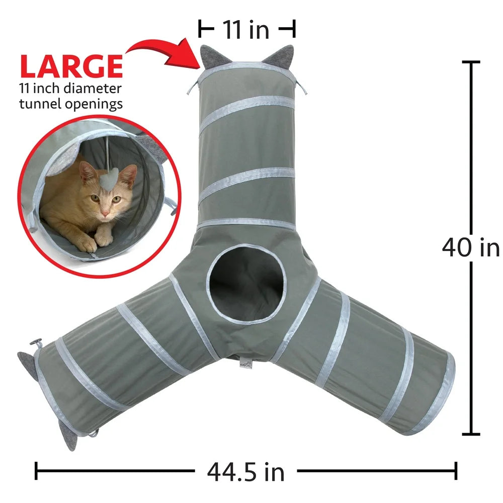 Gray 3-Way Cat Tunnel Playset with Catnip Toys and Expandable Bed
