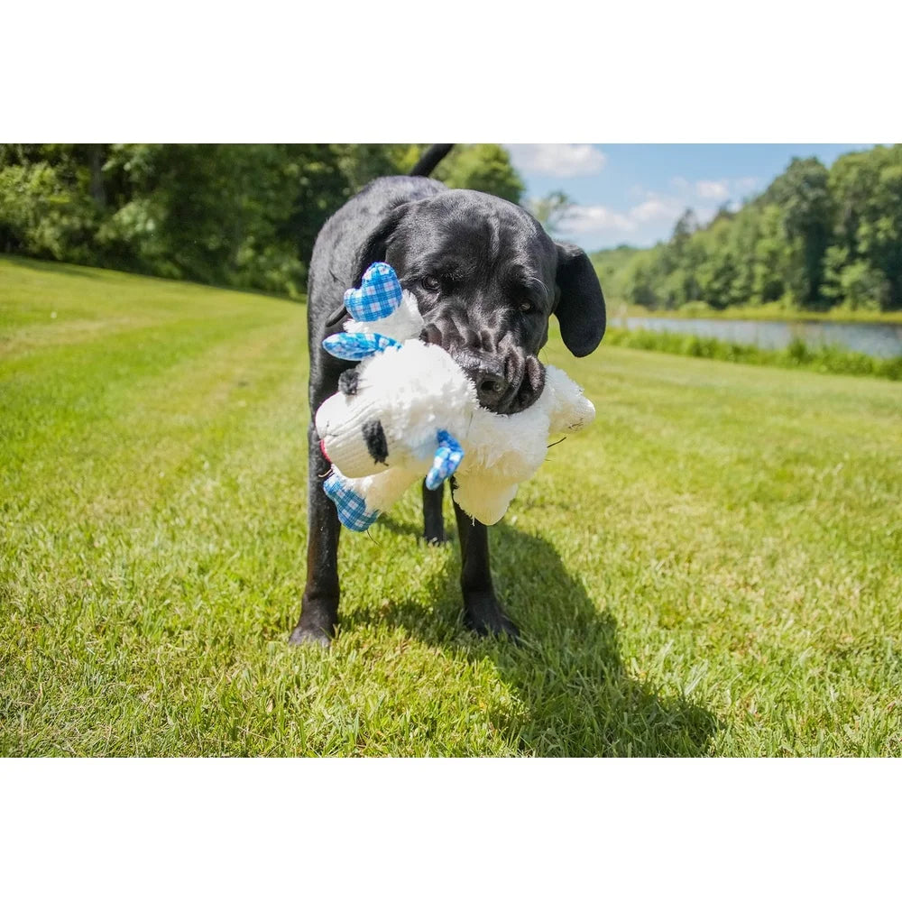 Medium Plush Lamb Chop Dog Toy with Squeaker and Blue Plaid Ears 12 Inch