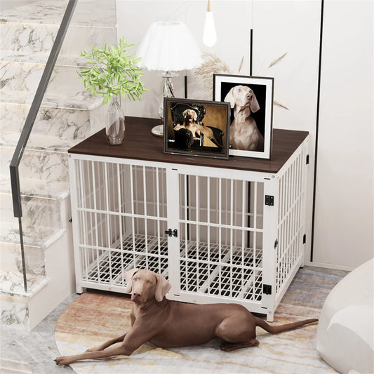 Large Wooden Dog Crate Indoor Furniture Style Elevated Dog Kennel with Tray