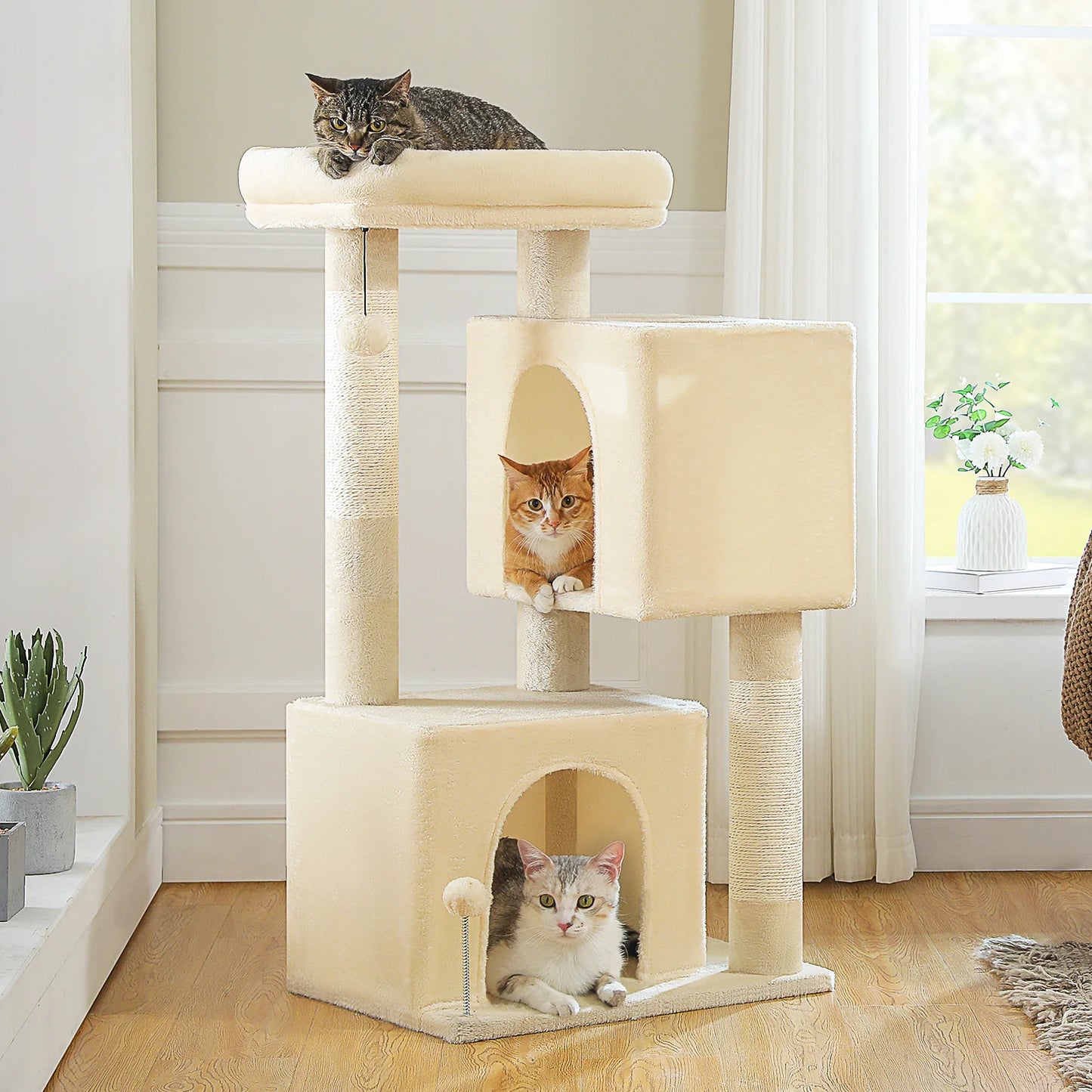 PEQULTICN Three Level Cat Tree With Cat House And Pompoms