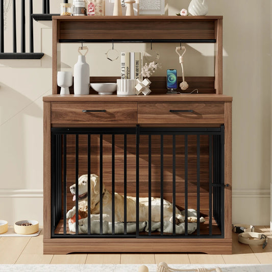 38 Inch Heavy Duty Dog Crate Furniture with Storage Drawers and Shelves