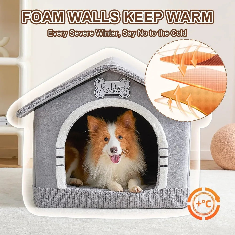 Large Insulated Indoor Dog House with Frame for Dogs 25-60 lb Cozy Gray Bed