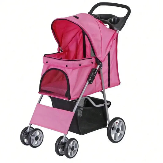 Foldable Pet Stroller 4 Wheel Carrier For Cats And Dogs With Cup Holder