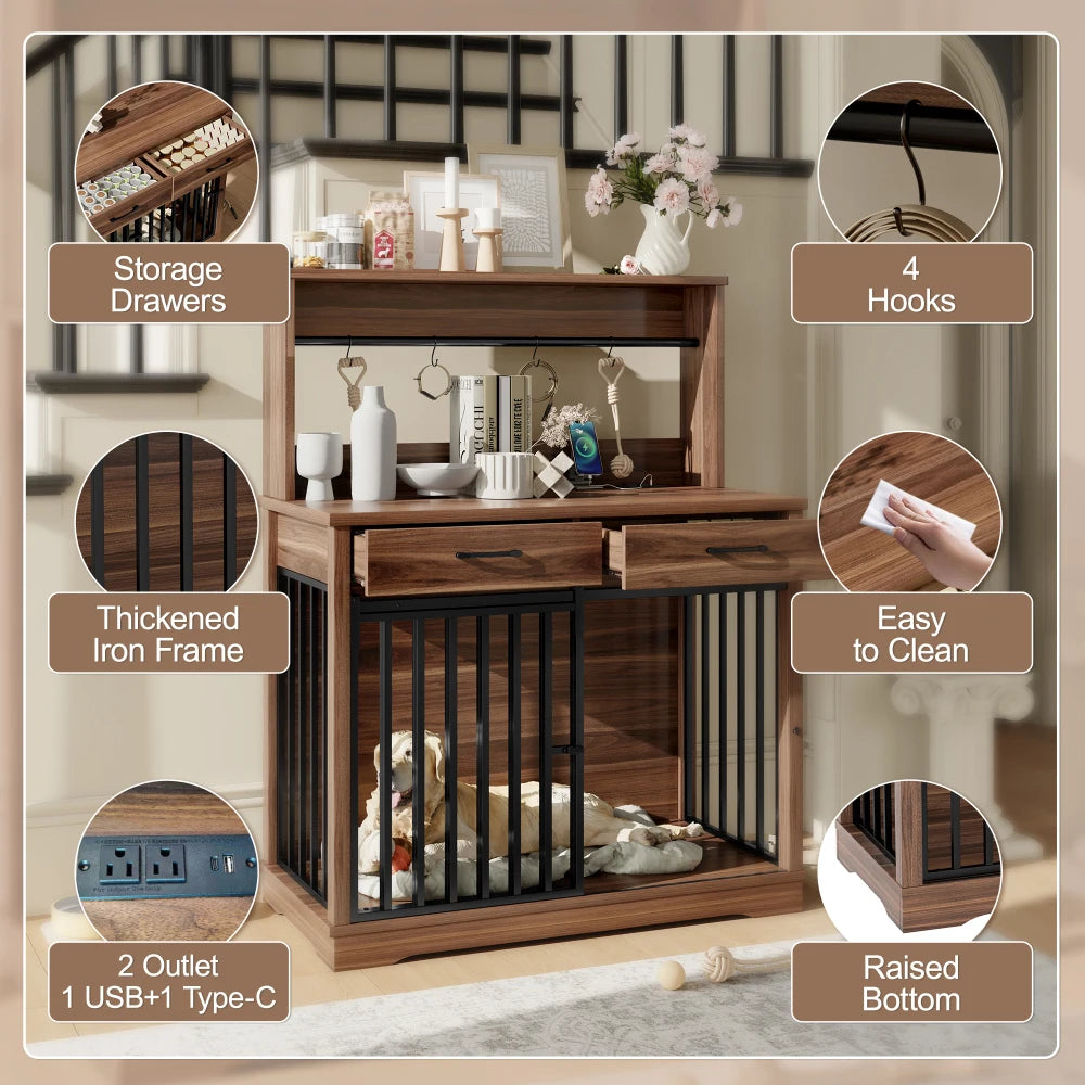 38 Inch Heavy Duty Dog Crate Furniture with Storage Drawers and Shelves