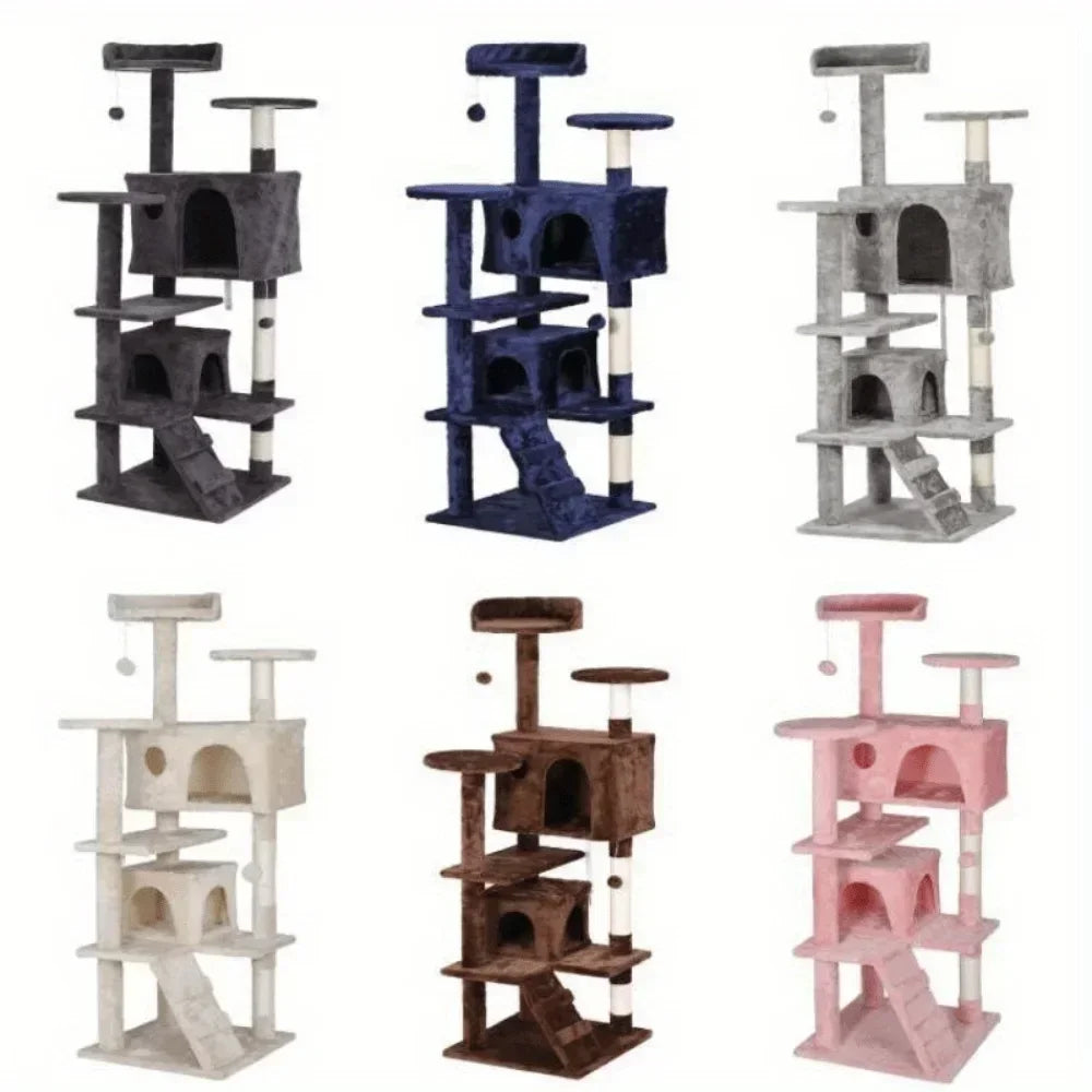 55 Inch Cat Tree Tower Activity Center Three-Tier House in Grey Beige Blue Brown Pink