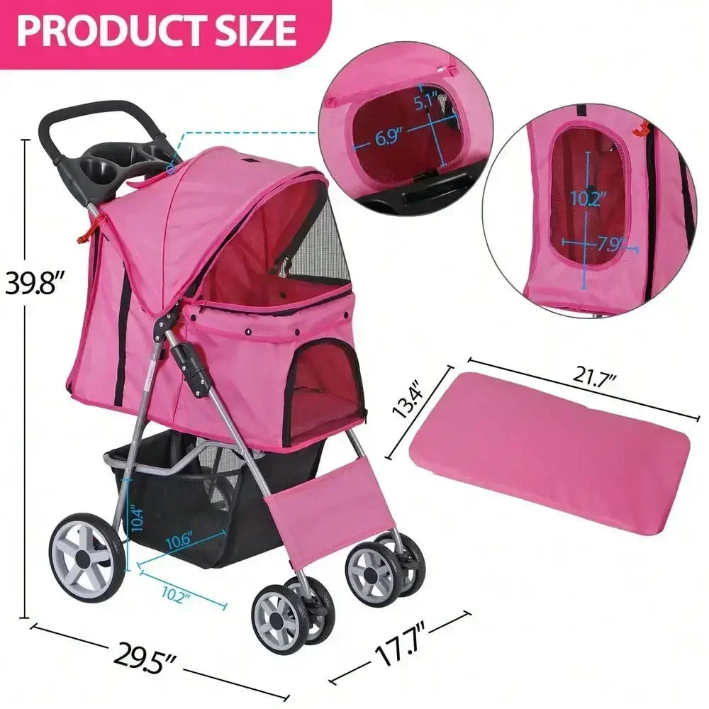 Foldable Pet Stroller 4 Wheel Carrier For Cats And Dogs With Cup Holder