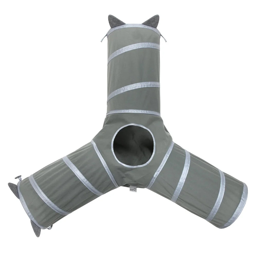 Gray 3-Way Cat Tunnel Playset with Catnip Toys and Expandable Bed